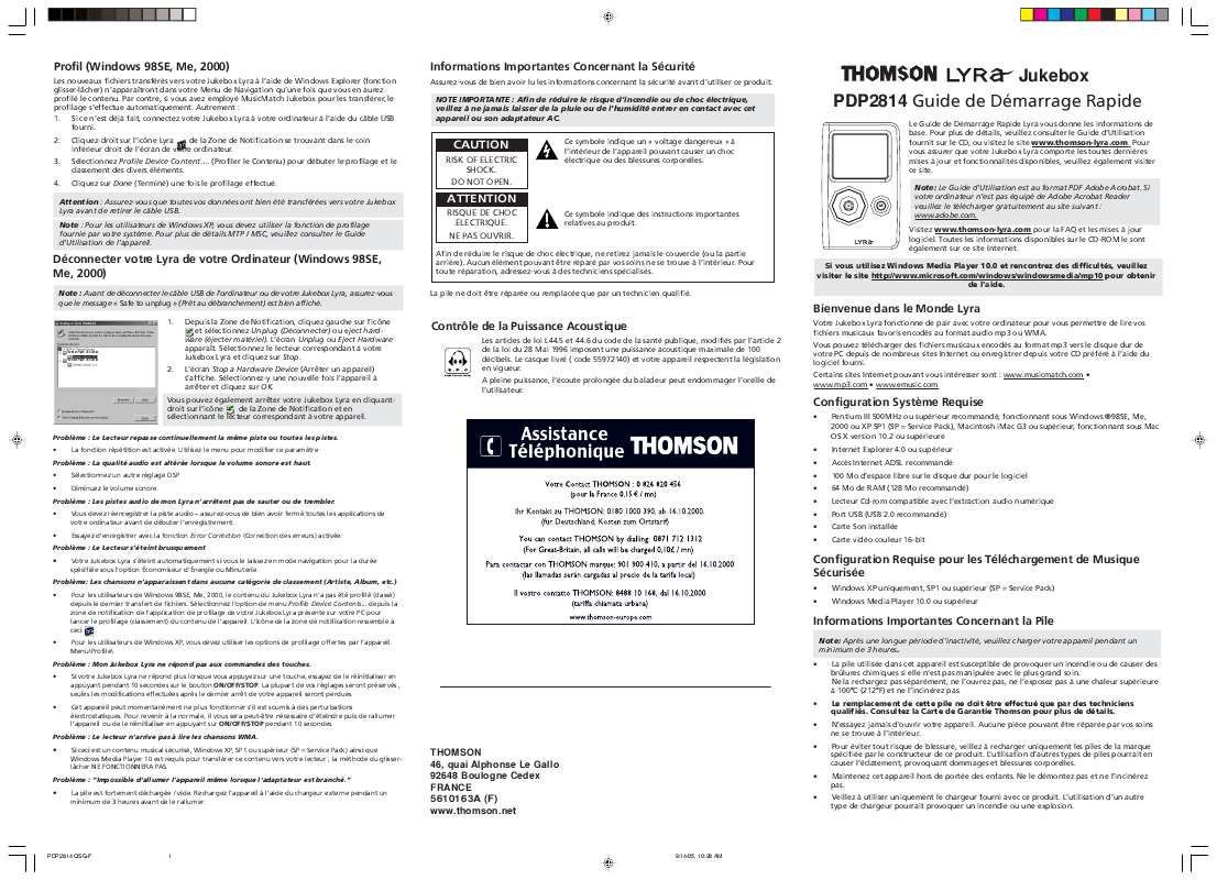 Notice THOMSON PDP2814 - Lecteur Mp3 Trouver Une Solution à Un Problème ...