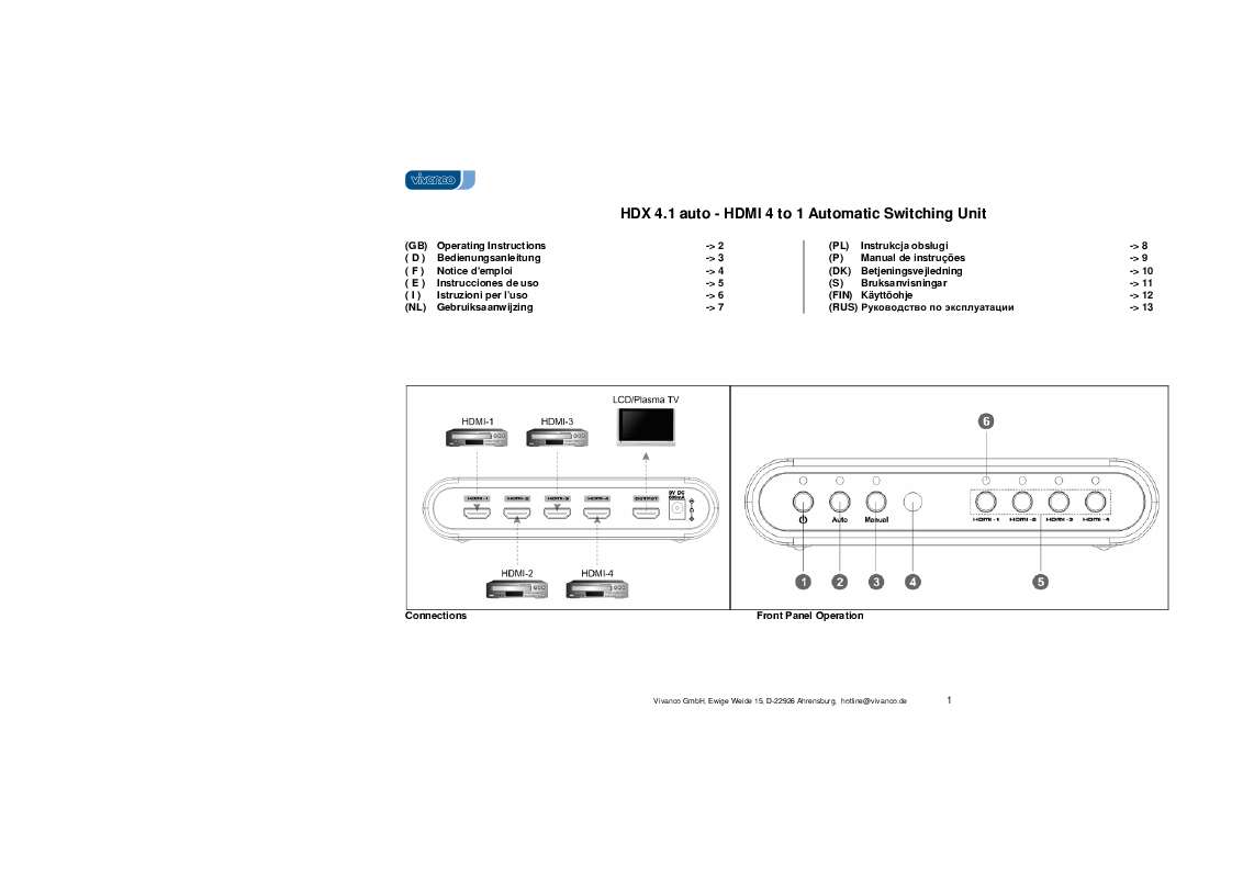 Mode d'emploi VIVANCO HDX 4.1 AUTO-HDMI 4 TO 1 AUTOMATIC SWITCHING UNIT