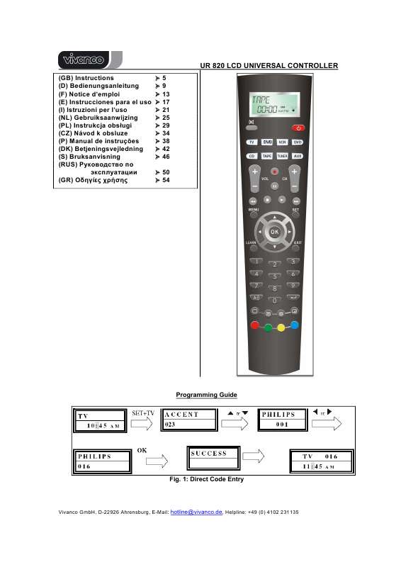 Mode d'emploi VIVANCO UNIVERSAL CONTROLLER UR 820 LCD