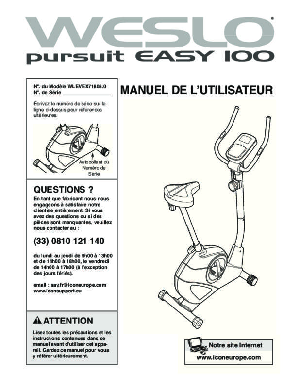 Notice WESLO PURSUIT EASY 100 Trouver une solution un probl me