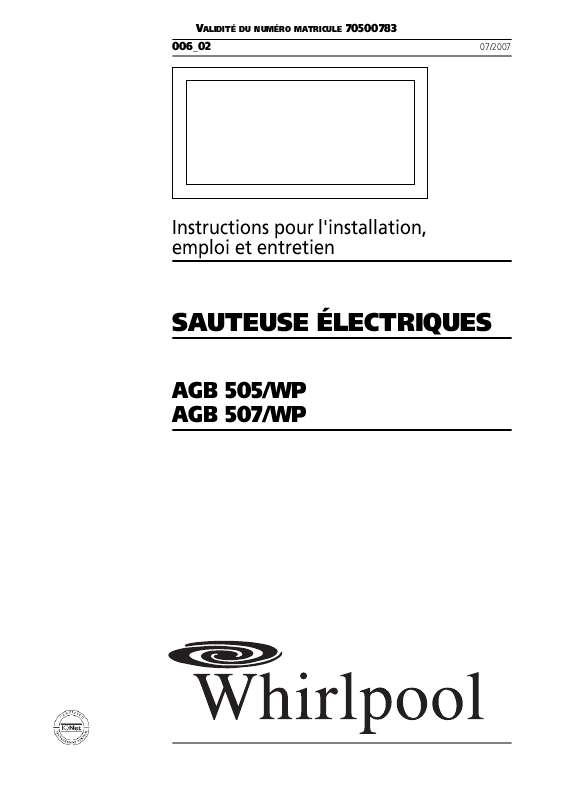Mode d'emploi WHIRLPOOL AGB 505/WP