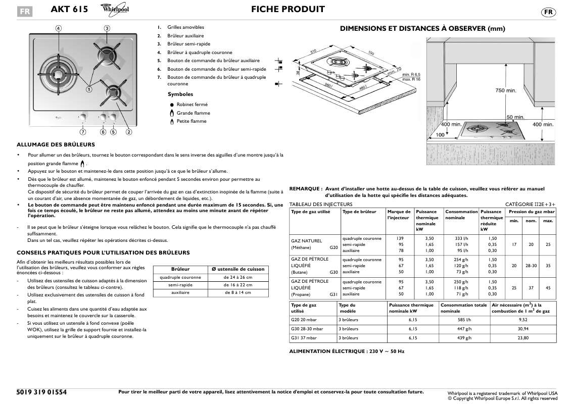 Mode d'emploi WHIRLPOOL AKT 615/IXL