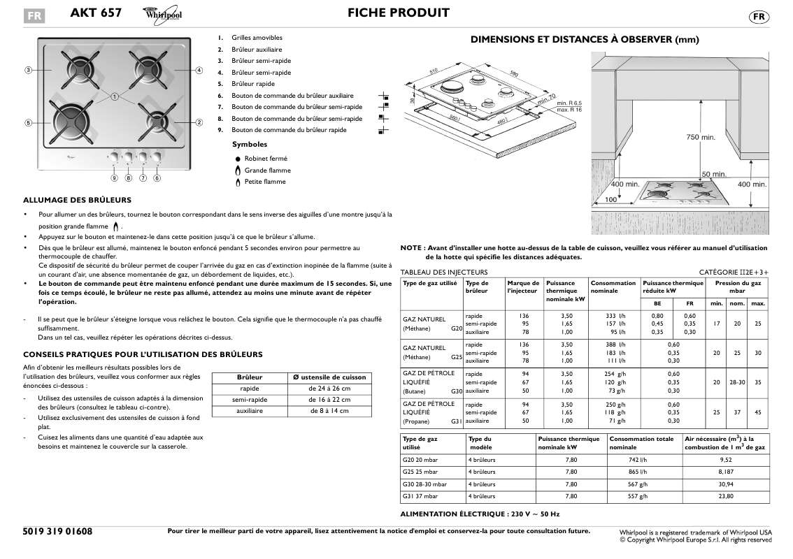 Mode d'emploi WHIRLPOOL AKT 657/IX