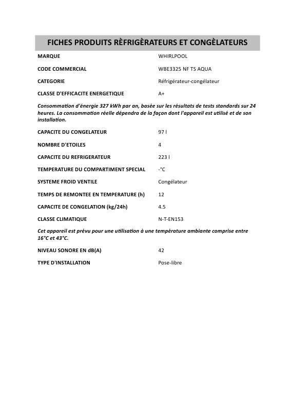 Mode d'emploi WHIRLPOOL WBE3325 NF TS AQUA