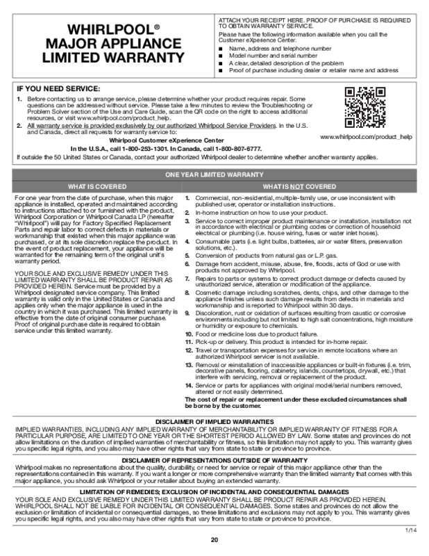 Mode d'emploi WHIRLPOOL WEE760H0DH