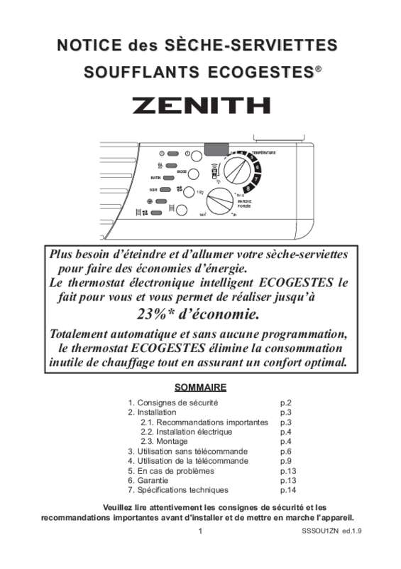 Notice ZENITH LOUNA - radiateur électrique Trouver une solution à un