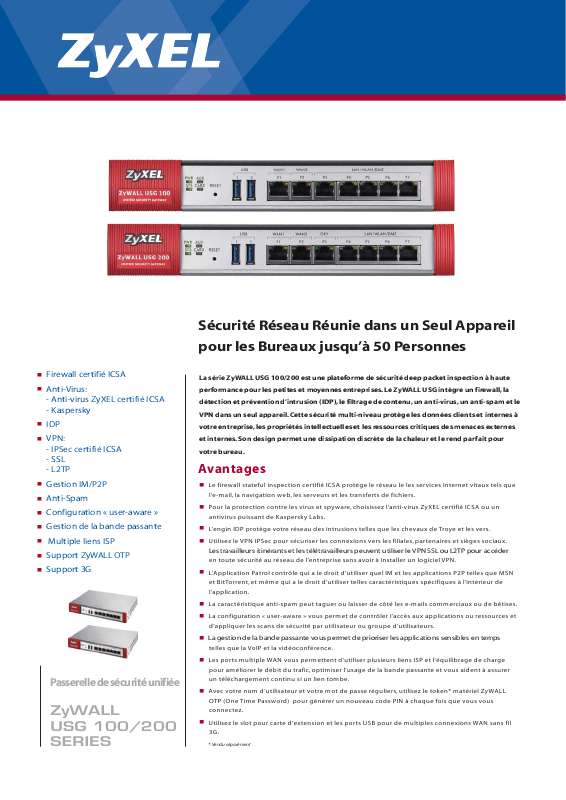 Pare-feu (Firewall) ZYXEL ZYWALL USG 100 - Manuel et mode d'emploi