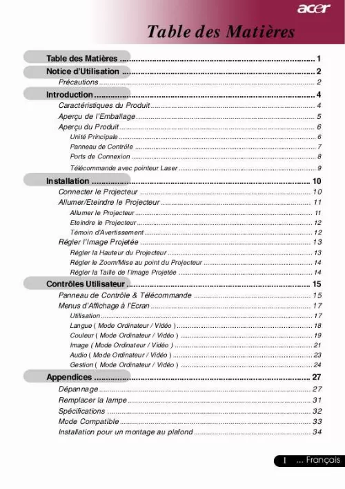 Mode d'emploi ACER PD116