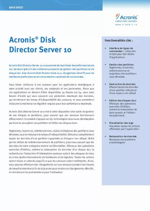 Mode d'emploi ACRONIS DISK DIRECTOR SERVER 10