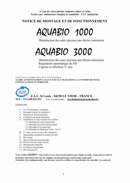 Mode d'emploi AOA AQUABIO 3000