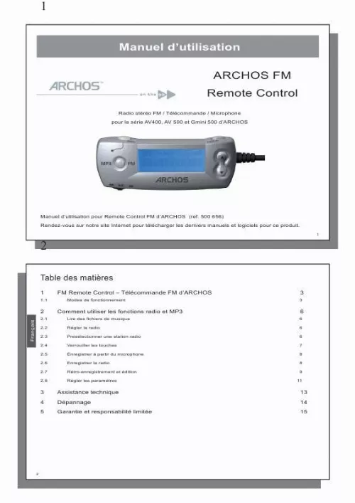 Mode d'emploi ARCHOS FM REMOTE CONTROL