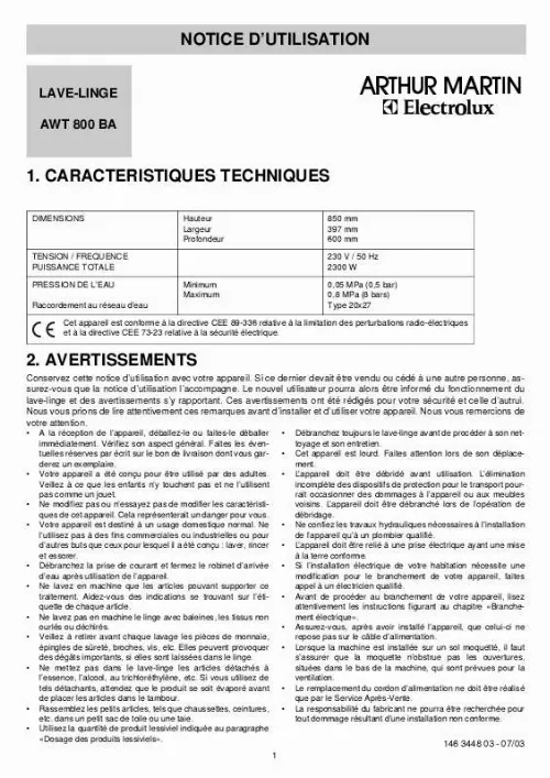 Mode d'emploi ARTHUR MARTIN AWT800BA