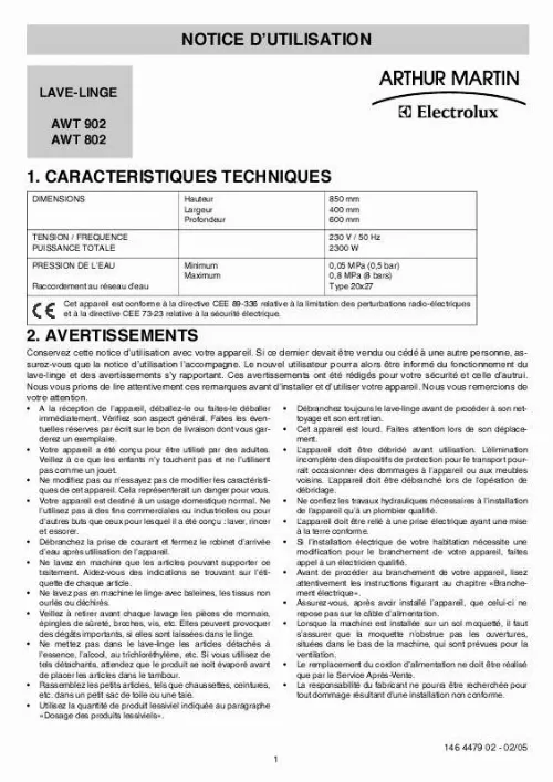 Mode d'emploi ARTHUR MARTIN AWT902