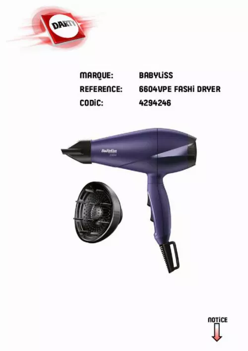 Mode d'emploi BABYLISS 6604VPE FASHION DRYER