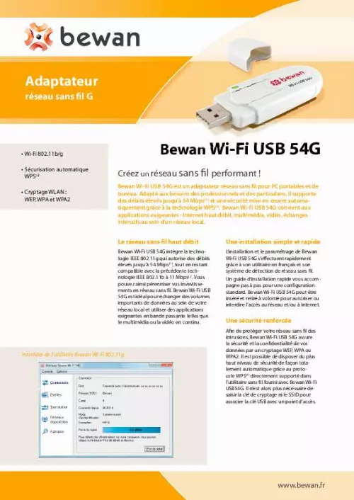 Mode d'emploi BEWAN BWIFI-USB54G