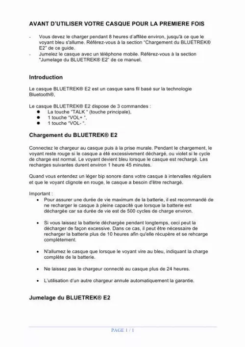 Mode d'emploi BLUETREK E2