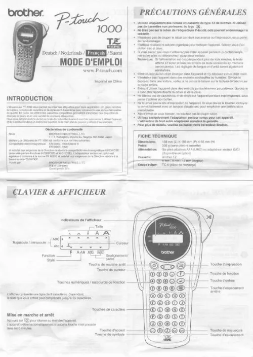 Mode d'emploi BROTHER P-TOUCH 1000