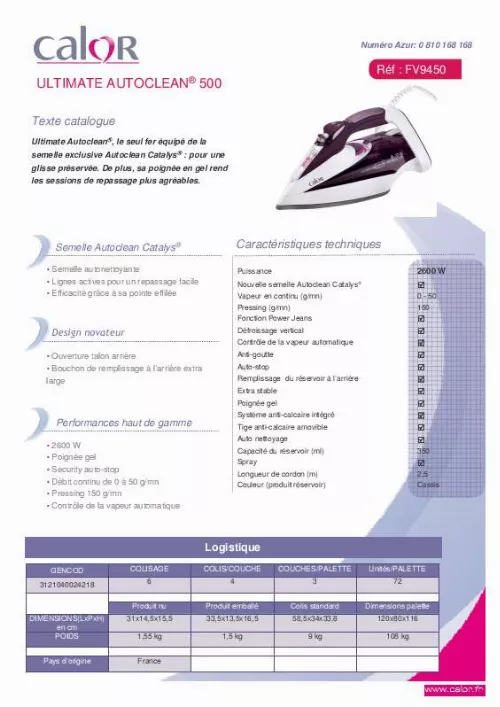 Mode d'emploi CALOR FV9450