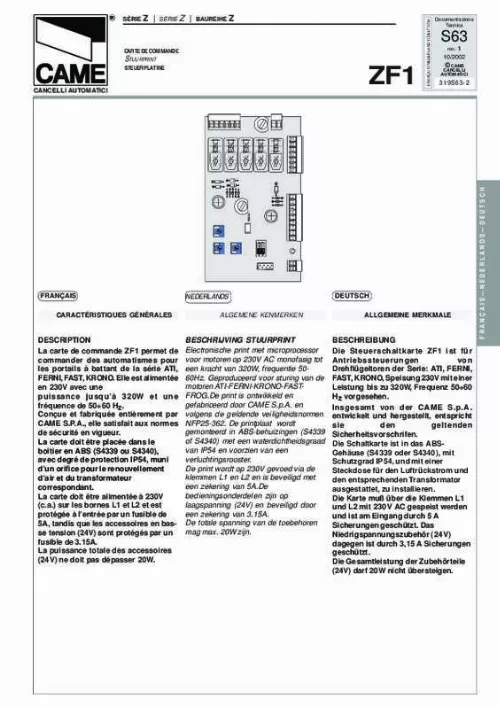 Mode d'emploi CAME ZF1