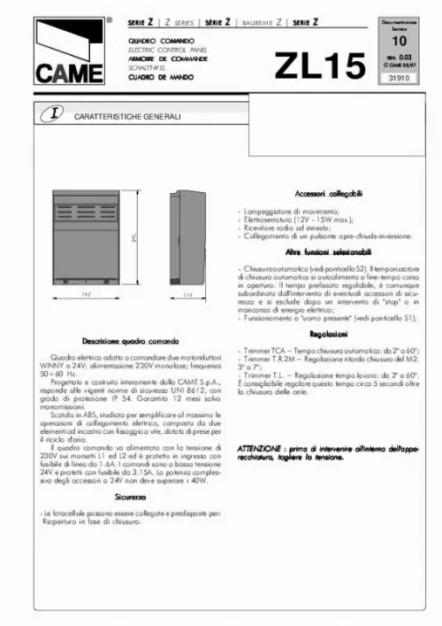 Mode d'emploi CAME ZL15