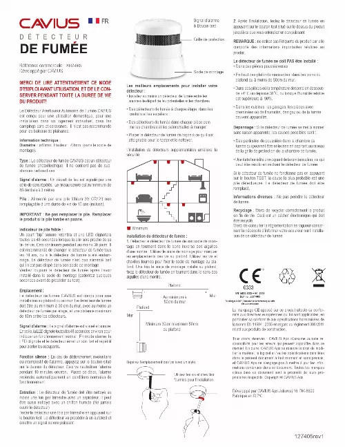 Mode d'emploi CAVIUS DETECTEUR DE FUMEE CERTIFIE NF A  PILE LITHIUM 10 ANS