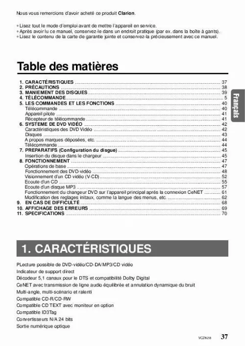 Mode d'emploi CLARION VCZ628