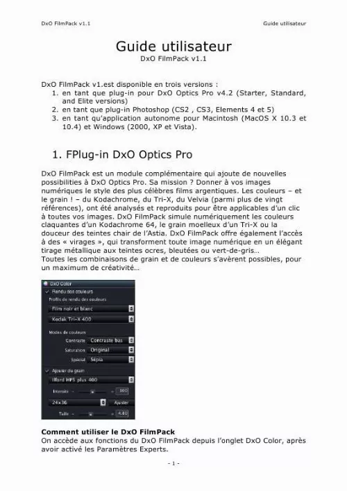 Mode d'emploi DXO FILMPACK V1.1