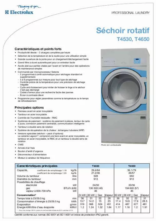 Mode d'emploi ELECTROLUX LAUNDRY SYSTEMS T4650