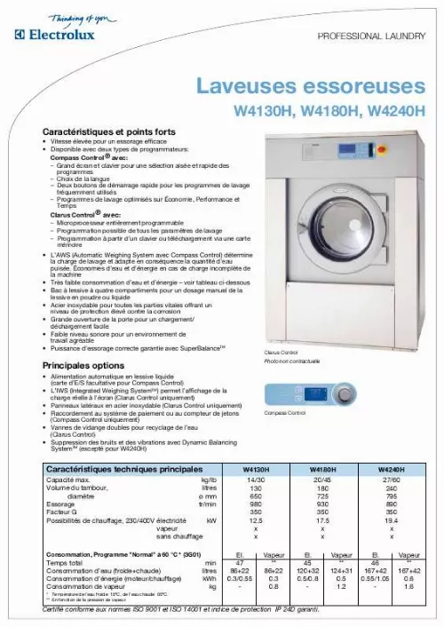 Mode d'emploi ELECTROLUX LAUNDRY SYSTEMS W4180H