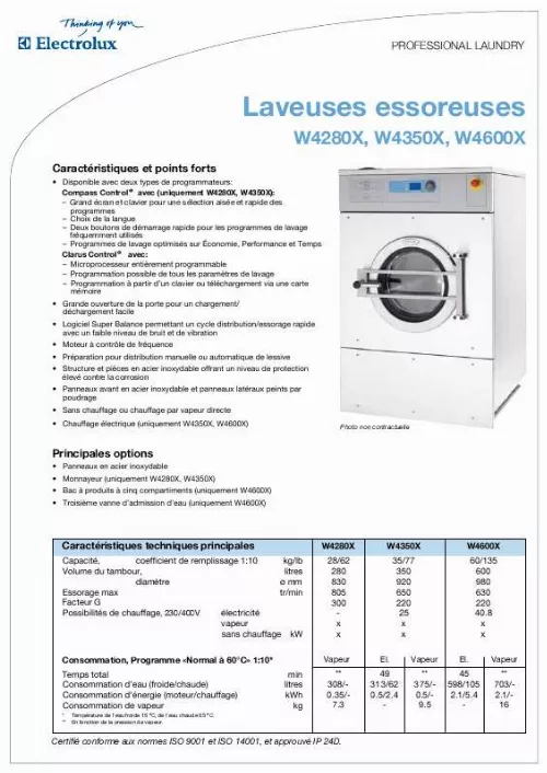 Mode d'emploi ELECTROLUX LAUNDRY SYSTEMS W4350X