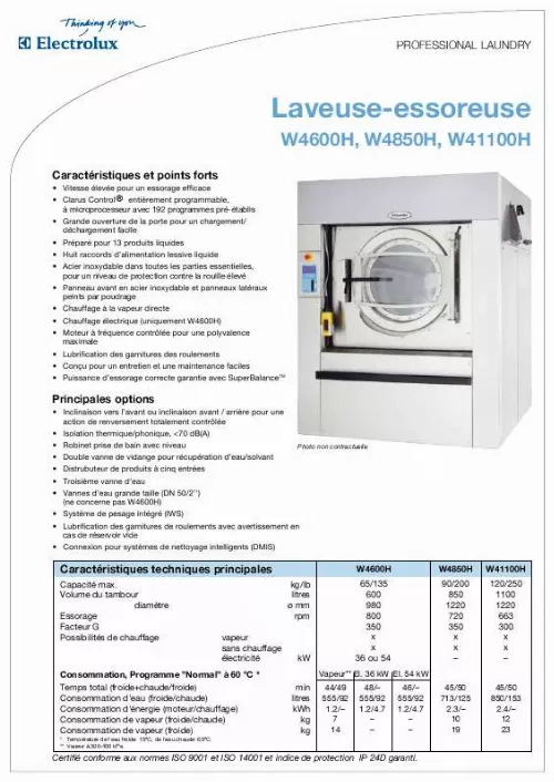 Mode d'emploi ELECTROLUX LAUNDRY SYSTEMS W4850H