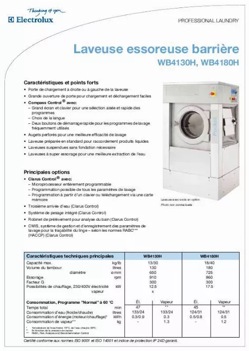 Mode d'emploi ELECTROLUX LAUNDRY SYSTEMS WB4180H