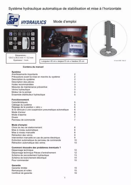 Mode d'emploi EP HYDRAULICS SYSTEME CAMPING CAR