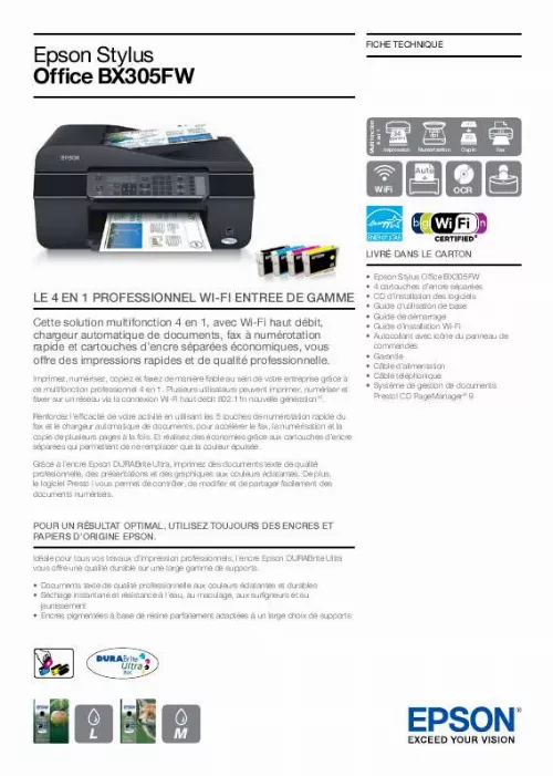 Mode d'emploi EPSON STYLUS OFFICE BX305FW PLUS