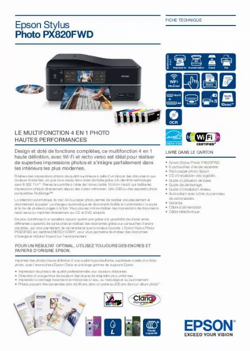 Mode d'emploi EPSON STYLUS PHOTO PX820FWD