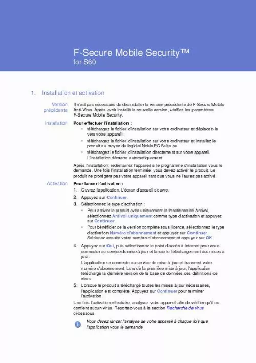 Mode d'emploi F-SECURE MOBILE SECURITY 6 FOR S60