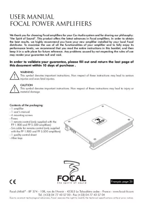 Mode d'emploi FOCAL POWER AMPLIFIERS