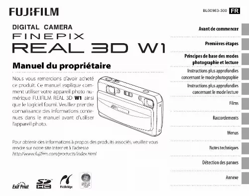 Mode d'emploi FUJIFILM FINEPIX REAL 3D W1