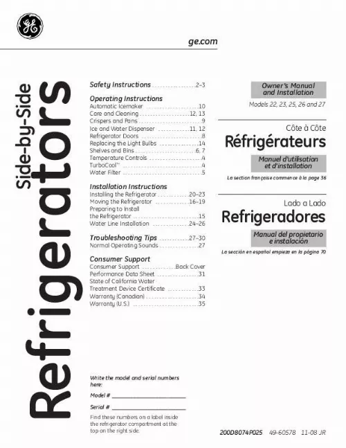 Mode d'emploi GE SIDE-BY-SIDE REFRIGERATOR 22