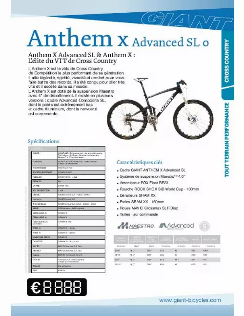 Mode d'emploi GIANT BICYCLES ANTHEM X ADVANCED SL 0
