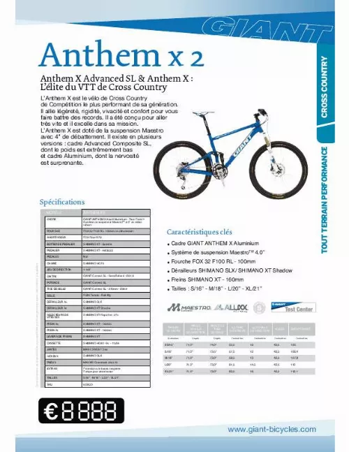 Mode d'emploi GIANT BICYCLES ANTHEM X2