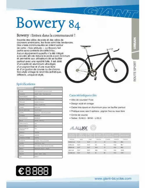 Mode d'emploi GIANT BICYCLES BOWERY 84