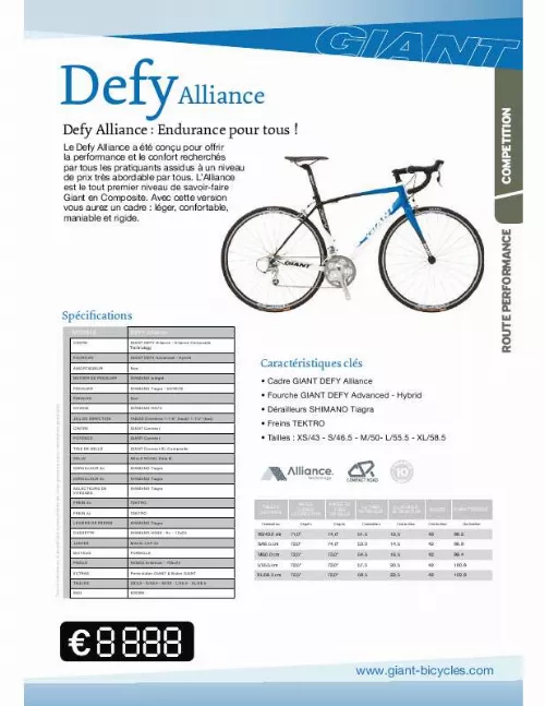 Mode d'emploi GIANT BICYCLES DEFY ALLIANCE