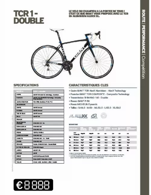 Mode d'emploi GIANT BICYCLES TCR 1-DOUBLE