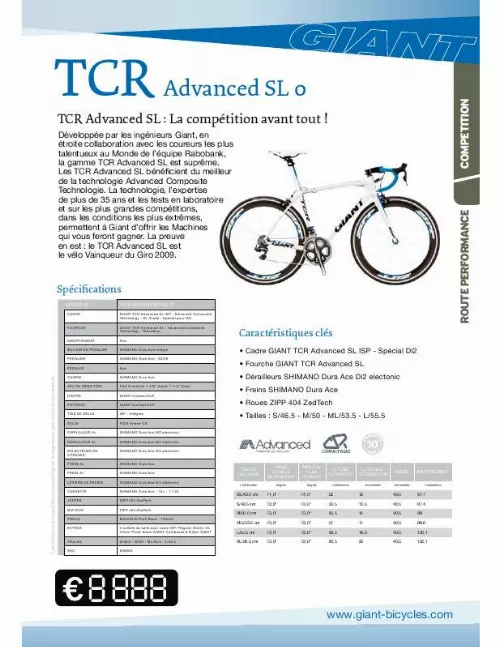 Mode d'emploi GIANT BICYCLES TCR ADVANCED SL0