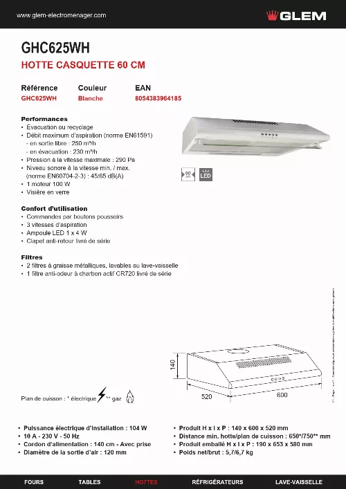 Mode d'emploi GLEM GHC625WH