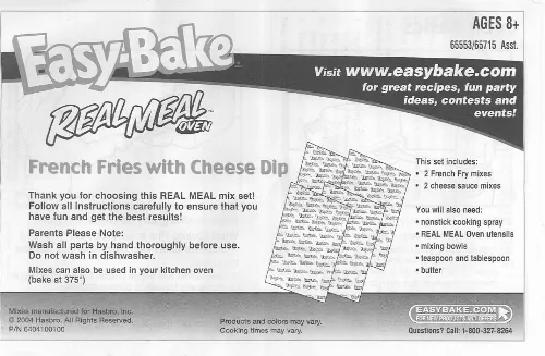 Mode d'emploi HASBRO EASY BAKE REAL MEAL OVEN FRIES WITH CHEESE DIP