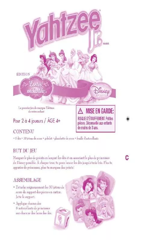 Mode d'emploi HASBRO YAHTZEE JR DISNEY PRINCESS ENCHANTED