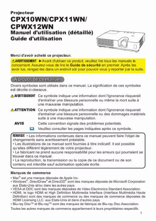 Mode d'emploi HITACHI CPWX12WN