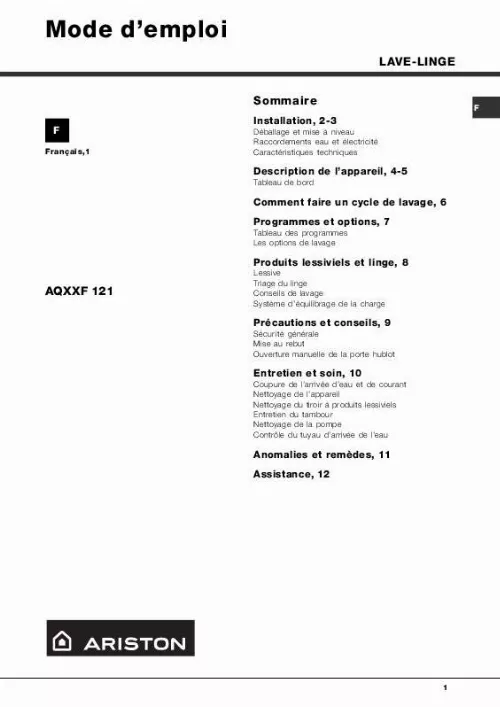 Mode d'emploi HOTPOINT-ARISTON AQXXF 121